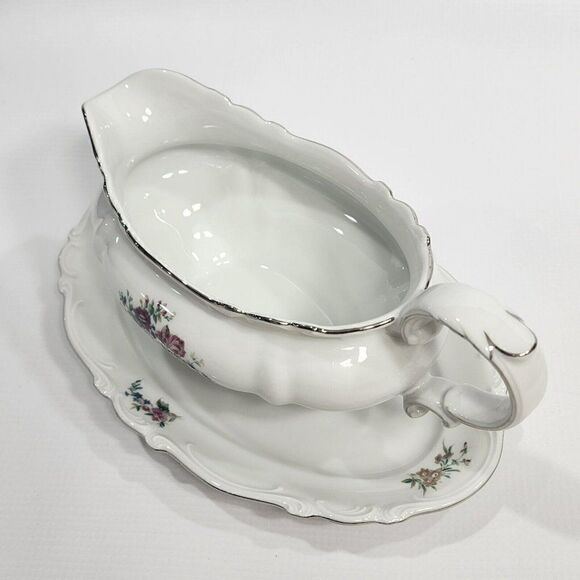 Crown Bavaria Gravy Boat w Attached Underplate Germany Silver Trim Bouquet - Picture 4 of 10
